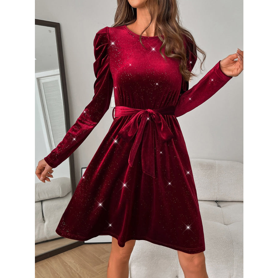 Glitter Round Neck Puff Sleeve Dress Burgundy / S Apparel and Accessories