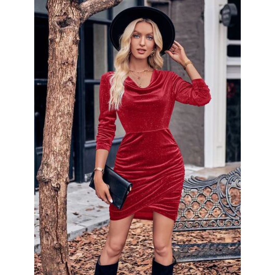 Glitter Ruched Cowl Neck Wrap Dress Deep Red / S Apparel and Accessories