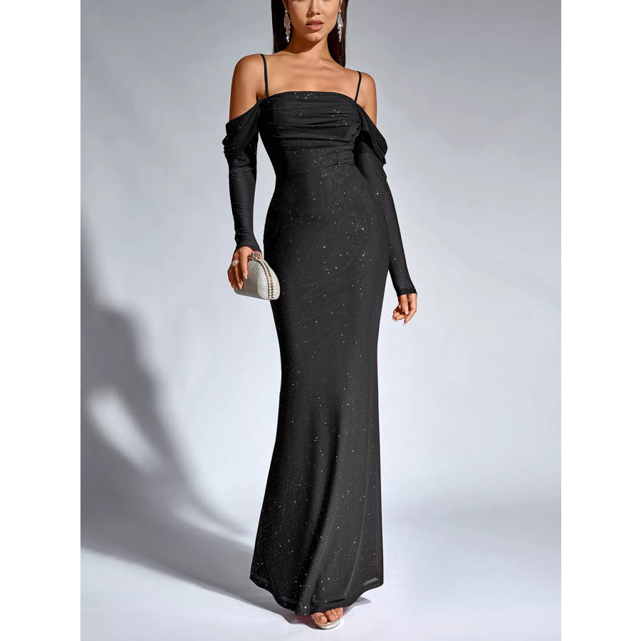 Glitter Ruched Long Sleeve Mermaid Maxi Dress Apparel and Accessories