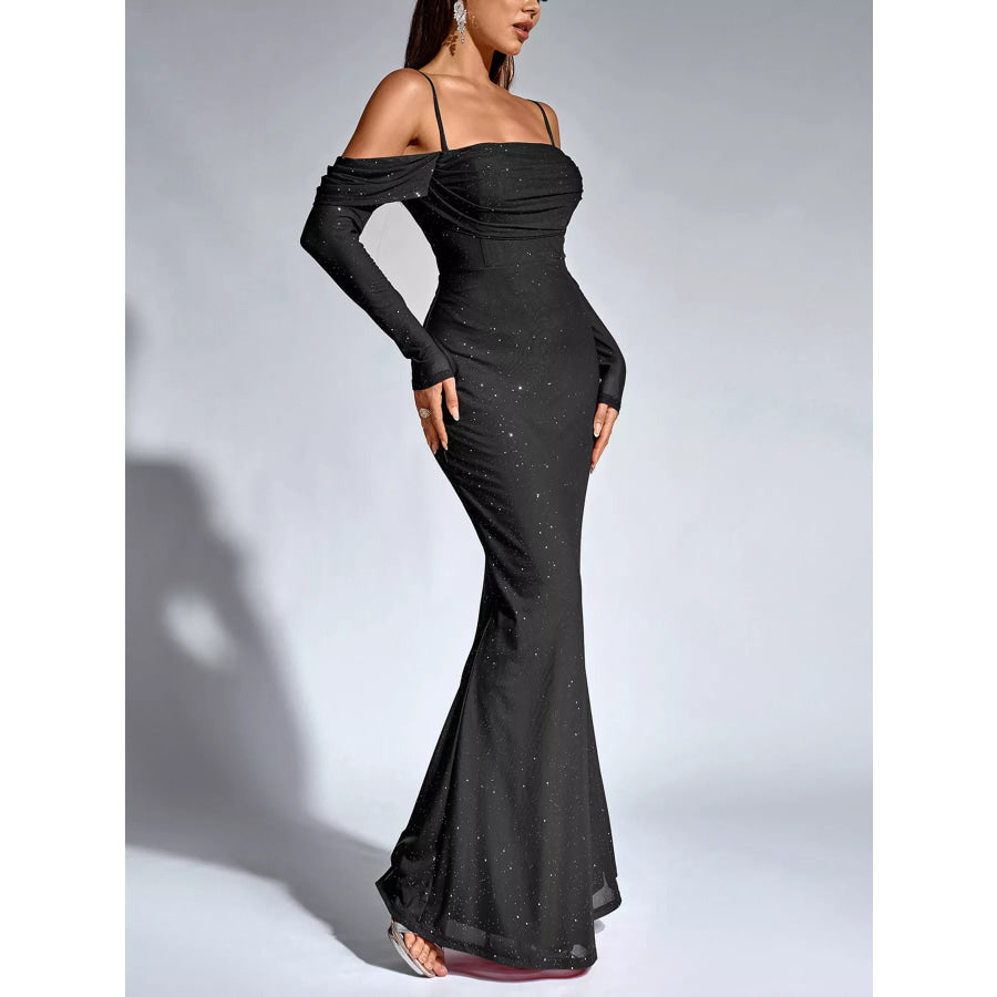 Glitter Ruched Long Sleeve Mermaid Maxi Dress Apparel and Accessories