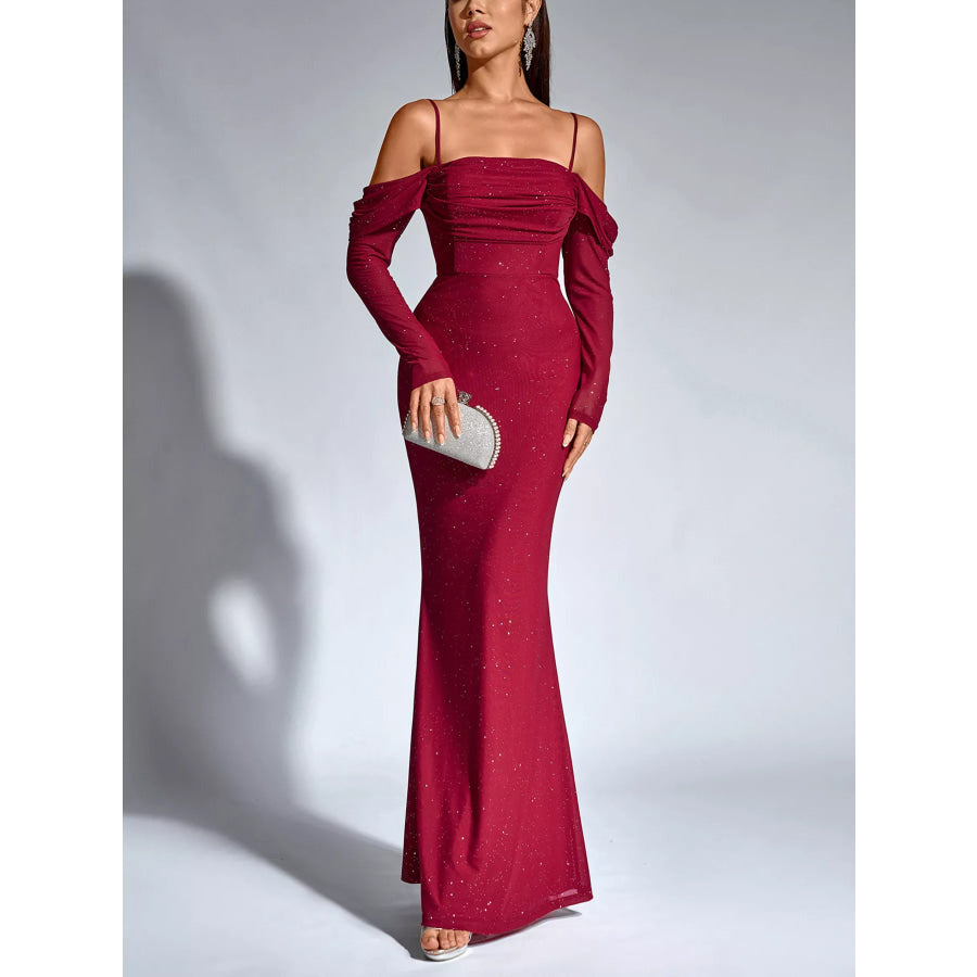 Glitter Ruched Long Sleeve Mermaid Maxi Dress Apparel and Accessories