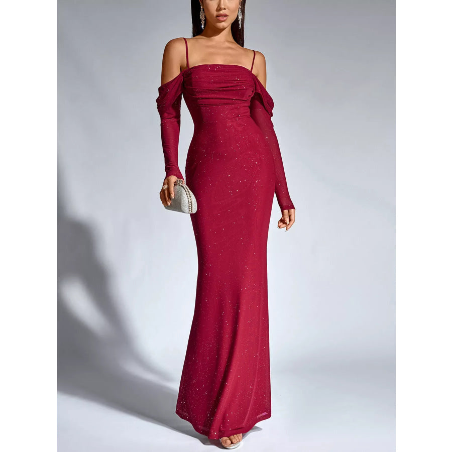 Glitter Ruched Long Sleeve Mermaid Maxi Dress Apparel and Accessories