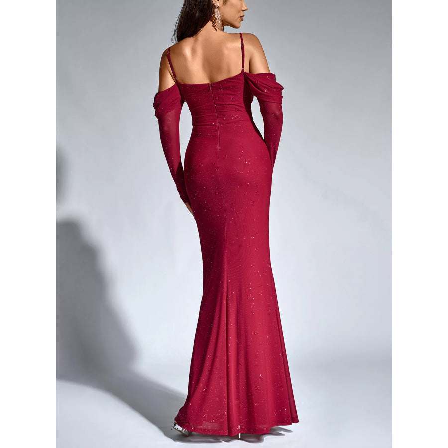 Glitter Ruched Long Sleeve Mermaid Maxi Dress Apparel and Accessories