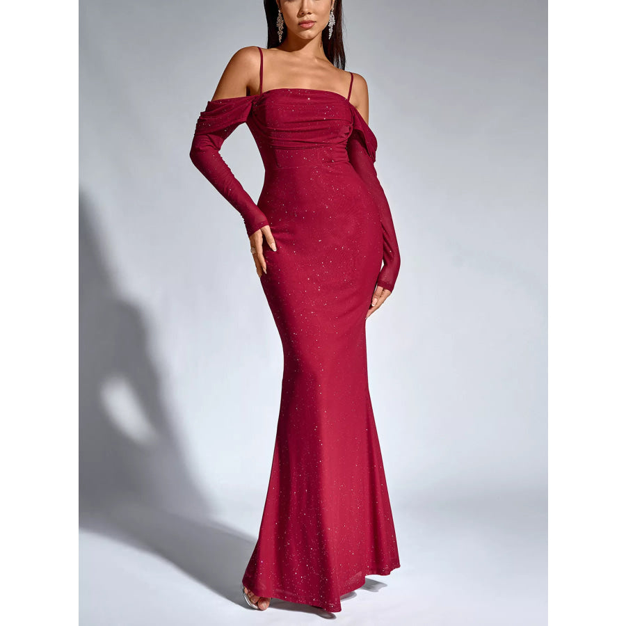 Glitter Ruched Long Sleeve Mermaid Maxi Dress Apparel and Accessories