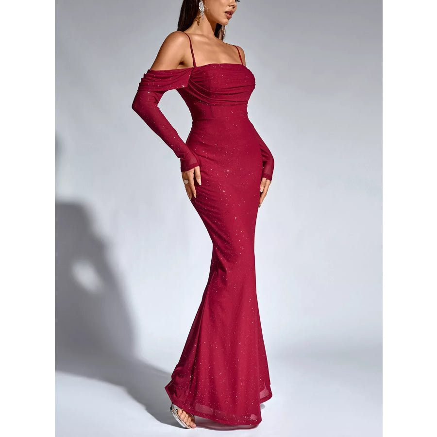 Glitter Ruched Long Sleeve Mermaid Maxi Dress Apparel and Accessories