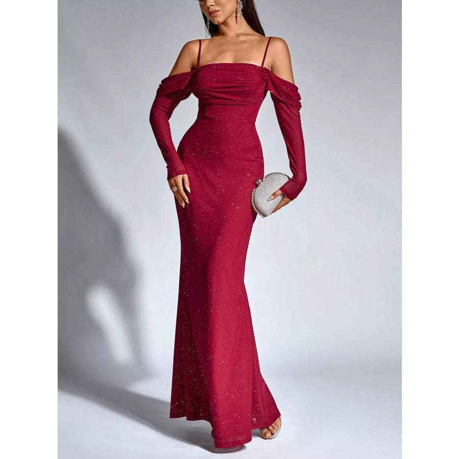 Glitter Ruched Long Sleeve Mermaid Maxi Dress Apparel and Accessories