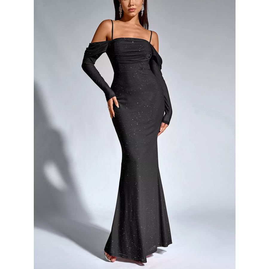 Glitter Ruched Long Sleeve Mermaid Maxi Dress Apparel and Accessories