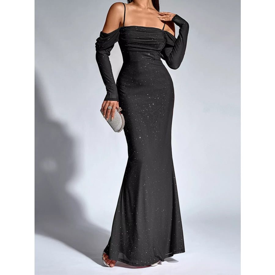 Glitter Ruched Long Sleeve Mermaid Maxi Dress Black / XS Apparel and Accessories