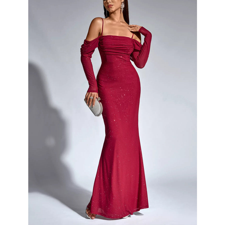 Glitter Ruched Long Sleeve Mermaid Maxi Dress Wine Red / XS Apparel and Accessories
