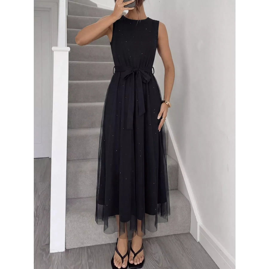 Glitter Sleeveless Tulle Midi Dress Black / S Apparel and Accessories