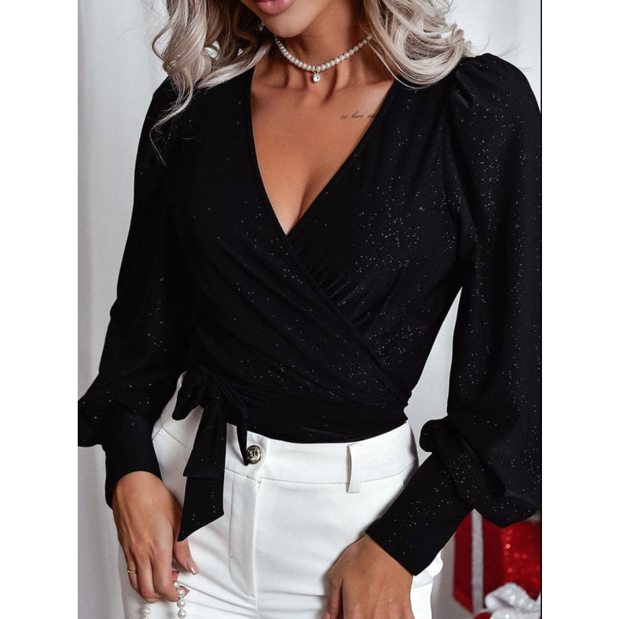 Glitter Surplice Long Sleeve Blouse Apparel and Accessories