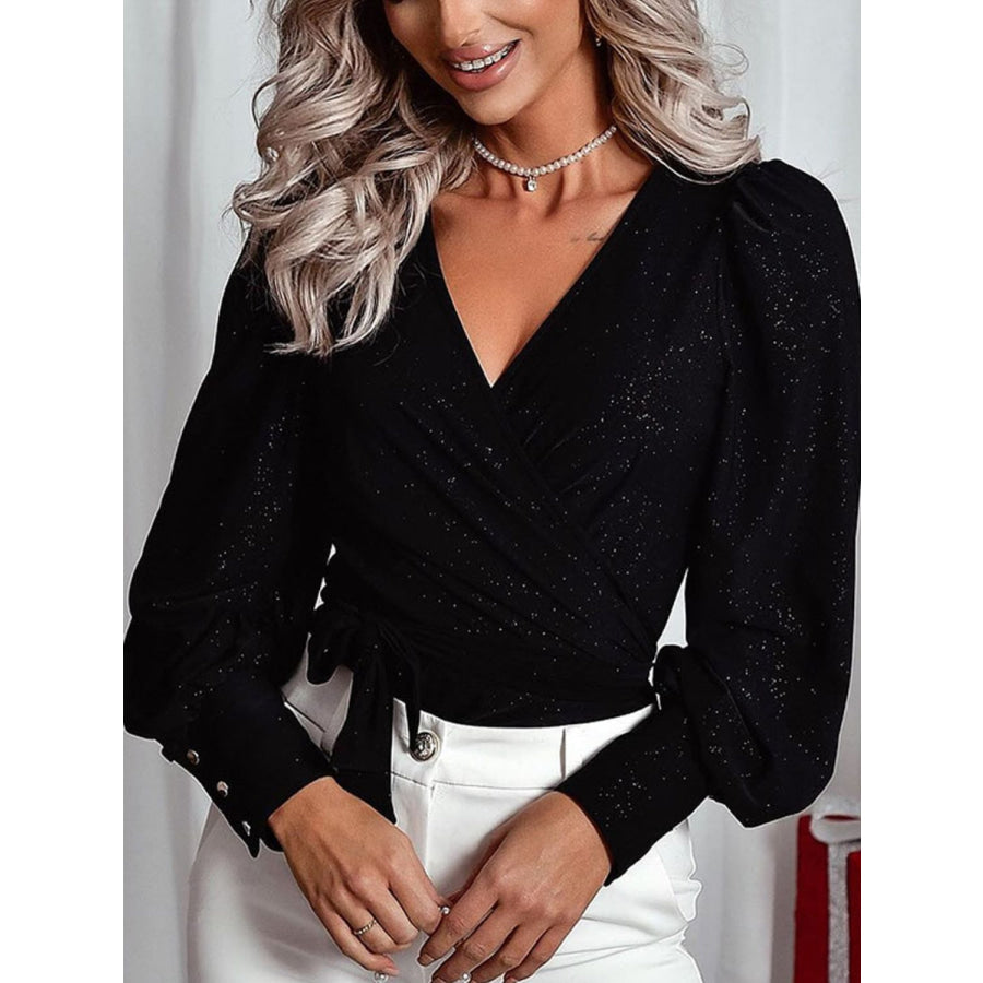 Glitter Surplice Long Sleeve Blouse Black / S Apparel and Accessories