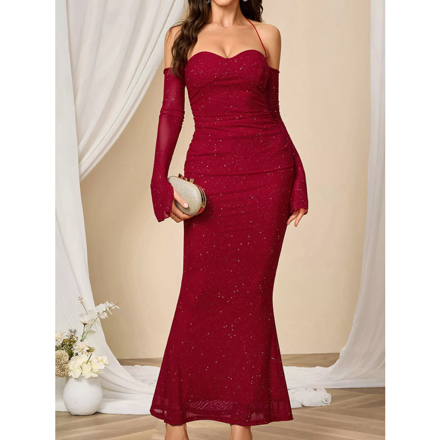 Glitter Sweetheart Neck Long Sleeve Maxi Dress Apparel and Accessories