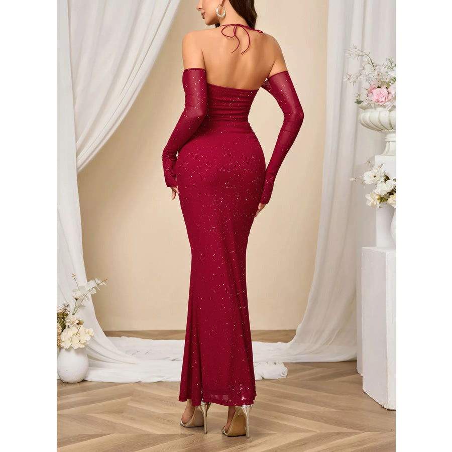 Glitter Sweetheart Neck Long Sleeve Maxi Dress Apparel and Accessories