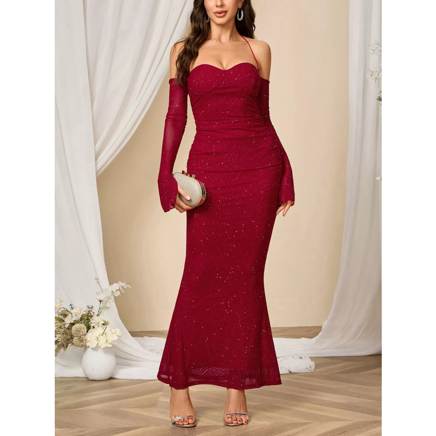 Glitter Sweetheart Neck Long Sleeve Maxi Dress Wine Red / XS Apparel and Accessories