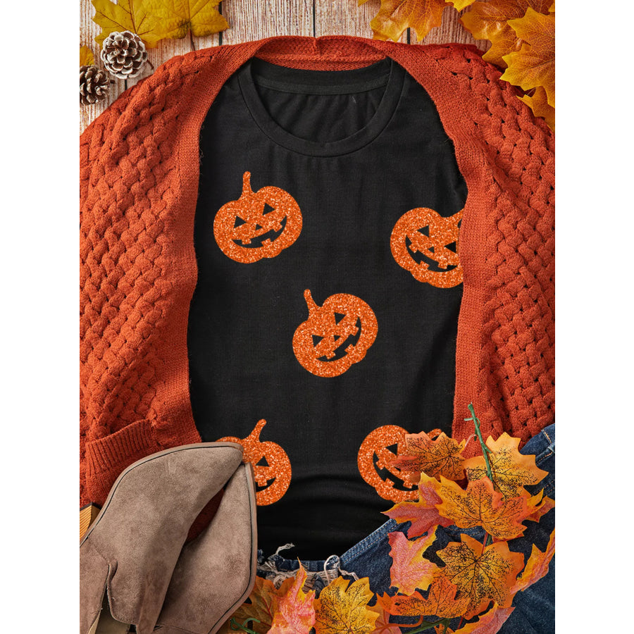 Glittering Pumpkin Face Crewneck Halloween T Shirt Apparel and Accessories
