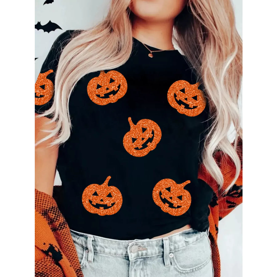 Glittering Pumpkin Face Crewneck Halloween T Shirt Apparel and Accessories
