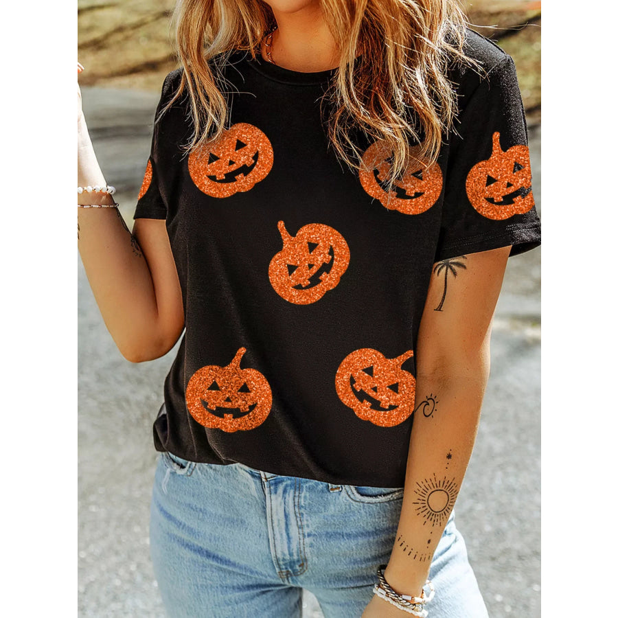 Glittering Pumpkin Face Crewneck Halloween T Shirt Black / S Apparel and Accessories