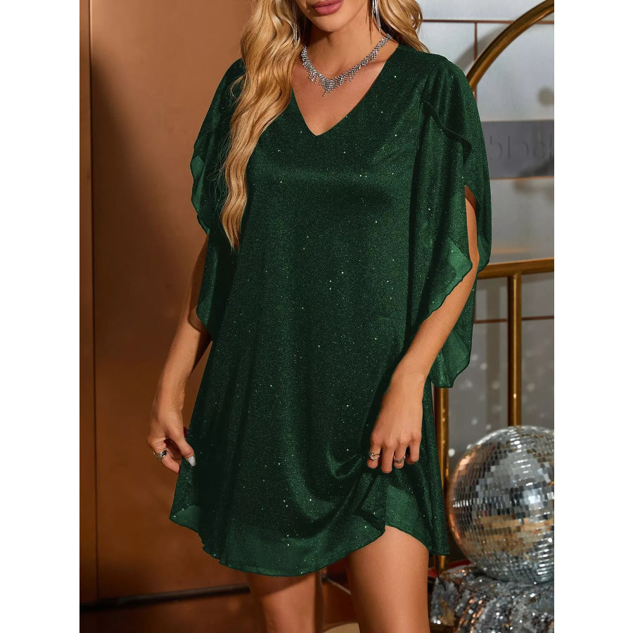 Glittering V-Neck Flutter Sleeve Dress Apparel and Accessories