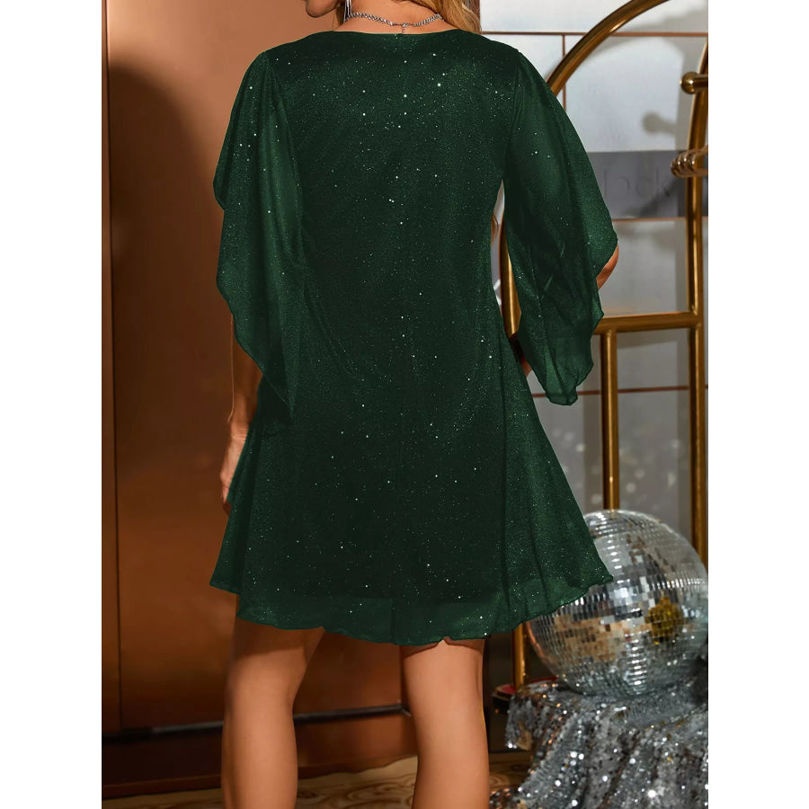 Glittering V-Neck Flutter Sleeve Dress Apparel and Accessories