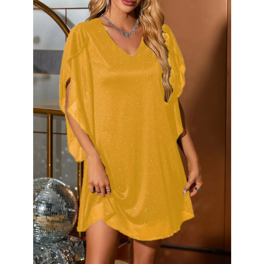 Glittering V-Neck Flutter Sleeve Dress Apparel and Accessories