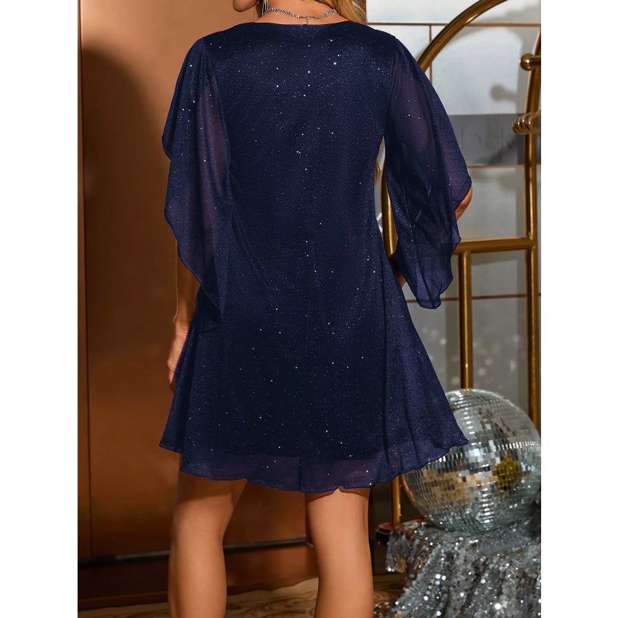 Glittering V-Neck Flutter Sleeve Dress Apparel and Accessories