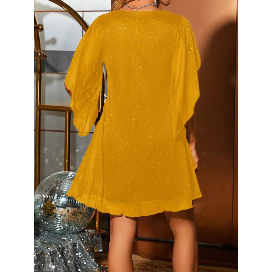 Glittering V-Neck Flutter Sleeve Dress Apparel and Accessories