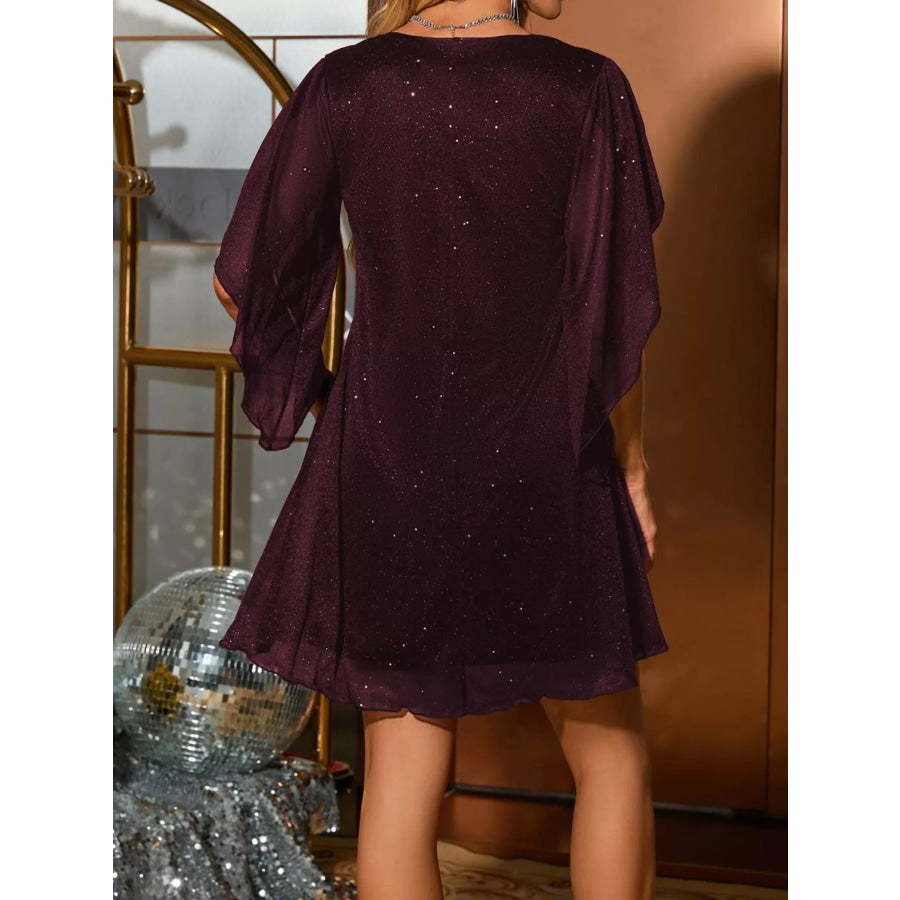 Glittering V-Neck Flutter Sleeve Dress Apparel and Accessories