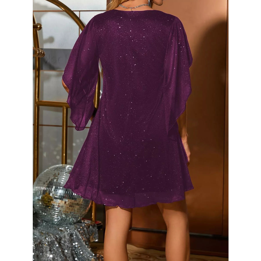 Glittering V-Neck Flutter Sleeve Dress Apparel and Accessories