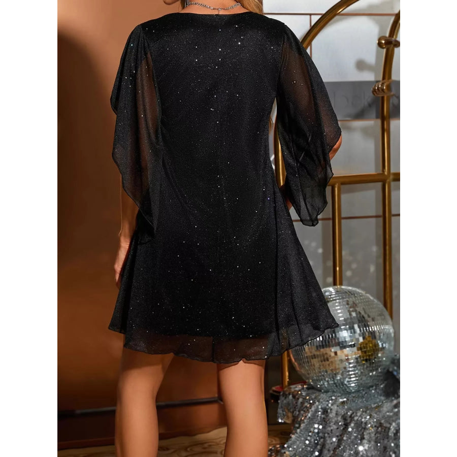 Glittering V-Neck Flutter Sleeve Dress Apparel and Accessories