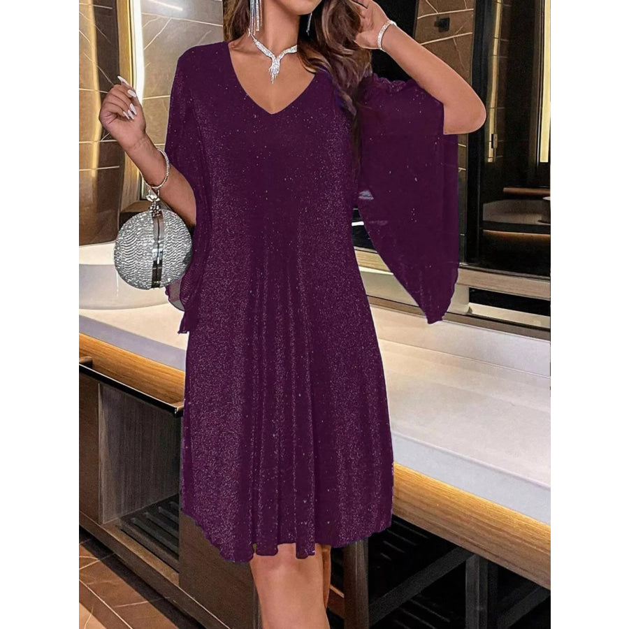 Glittering V-Neck Flutter Sleeve Dress Apparel and Accessories