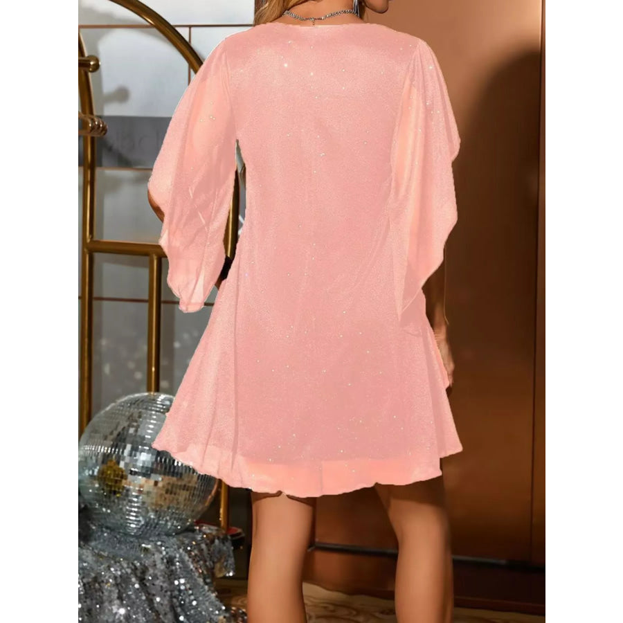 Glittering V-Neck Flutter Sleeve Dress Apparel and Accessories