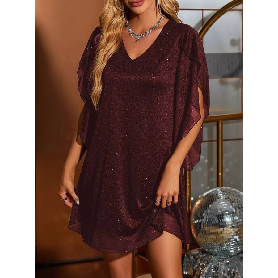 Glittering V-Neck Flutter Sleeve Dress Dark Red / S Apparel and Accessories