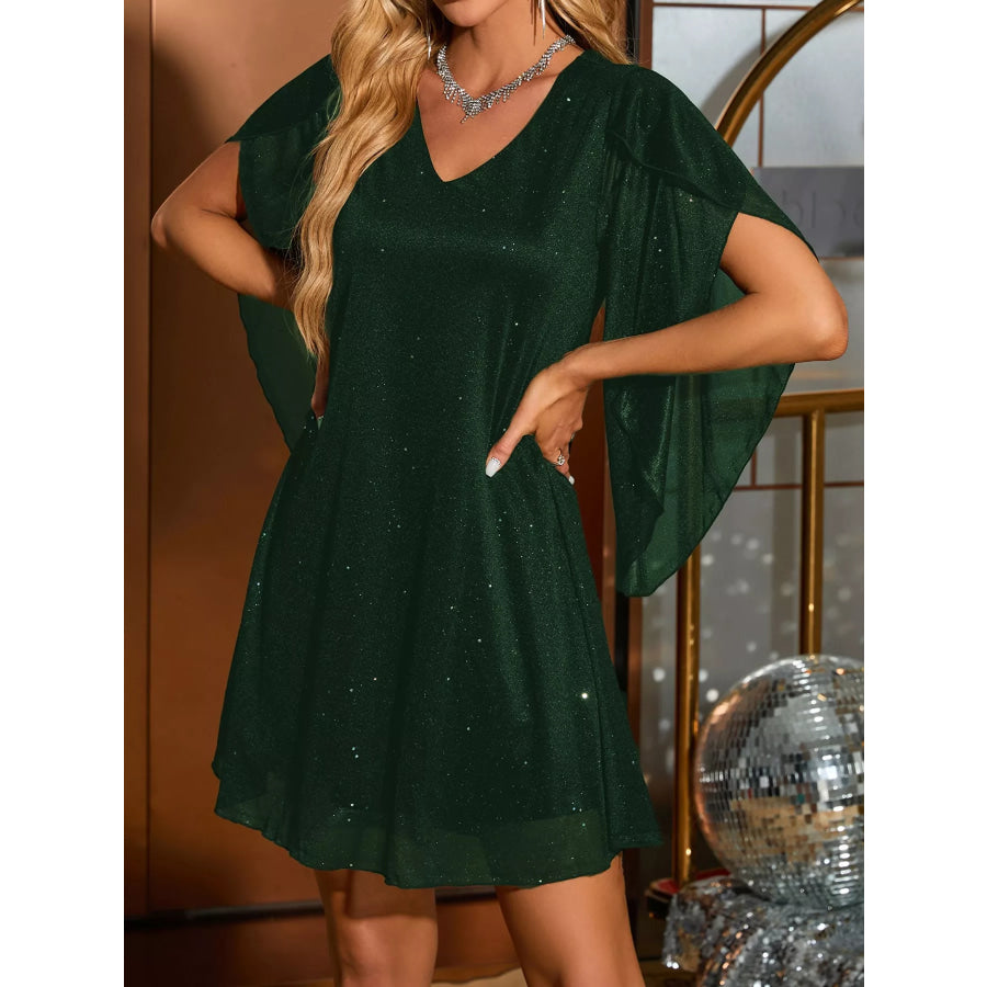 Glittering V-Neck Flutter Sleeve Dress Green / S Apparel and Accessories