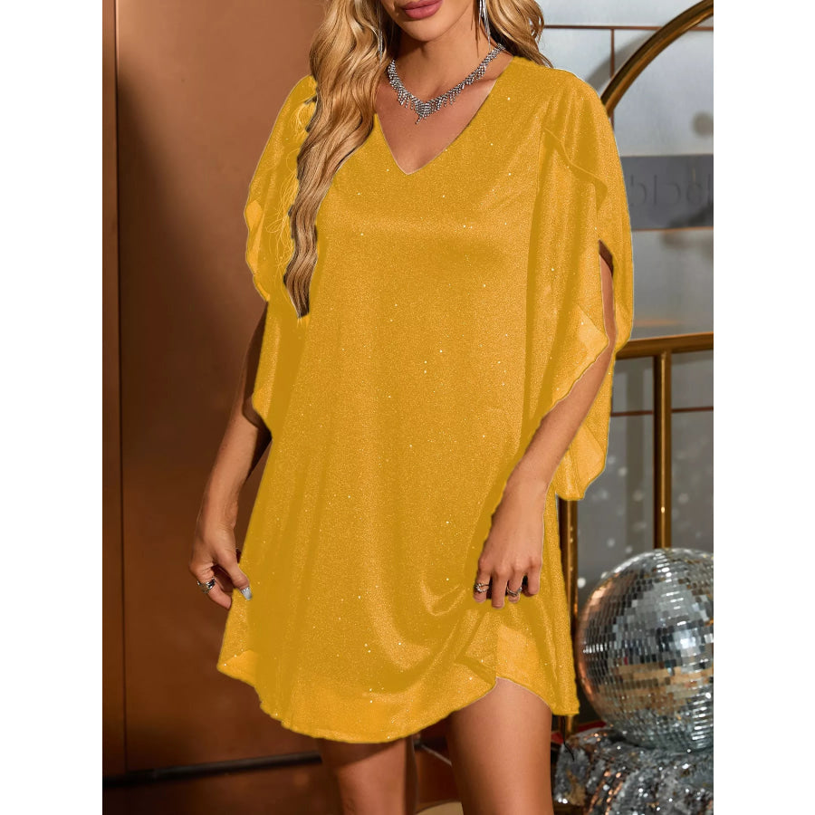 Glittering V-Neck Flutter Sleeve Dress Yellow / S Apparel and Accessories