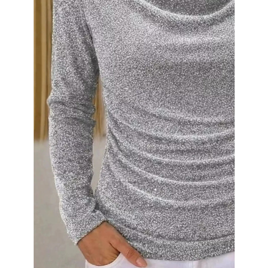 Glittery Cowl Neck Long Sleeve Slim Fit Top Light Gray / S Apparel and Accessories