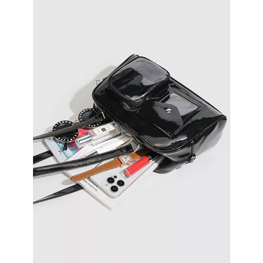 Glossy Patent Leather Multi-Pocket Shoulder Bag Black / onesize Apparel and Accessories