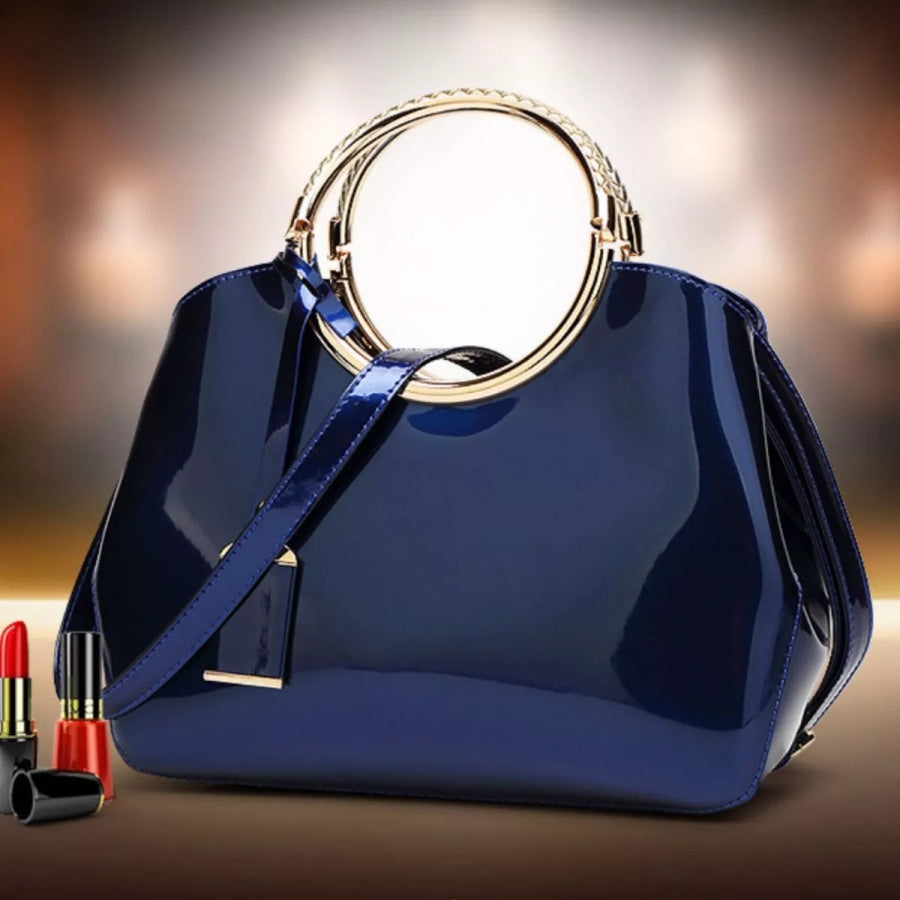Glossy Ring Handle Handbag Indigo / One Size Apparel and Accessories