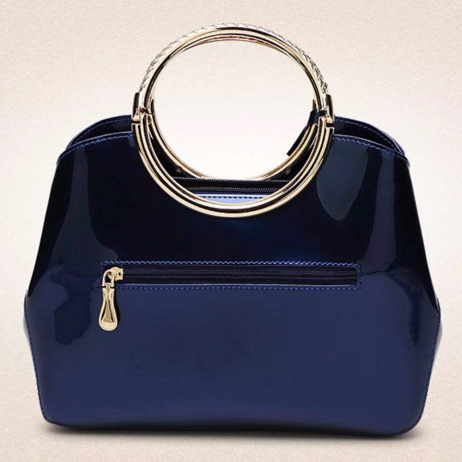 Glossy Ring Handle Handbag Indigo / One Size Apparel and Accessories