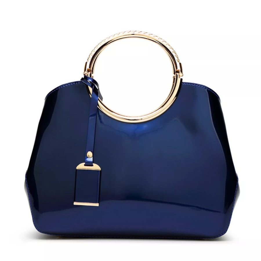 Glossy Ring Handle Handbag Indigo / One Size Apparel and Accessories