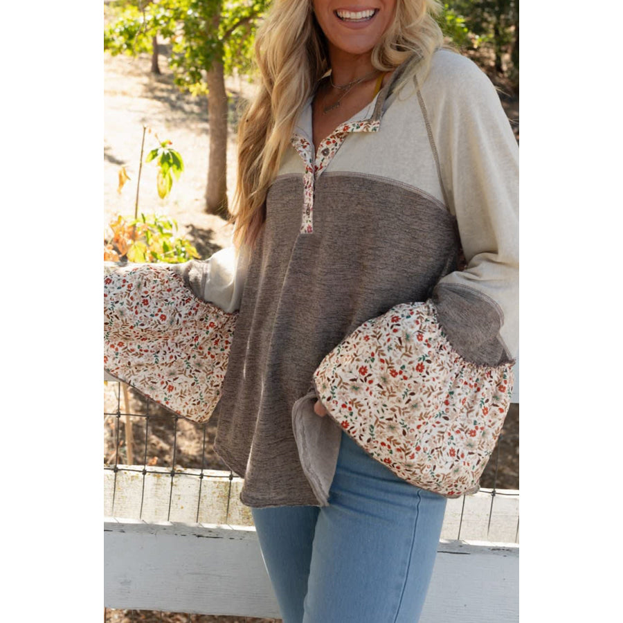 Goat Colorblock Floral Patchwork Flared Sleeve Buttons Henley Top Goat / S / 50% Polyester + 50% Viscose Tops/Blouses & Shirts