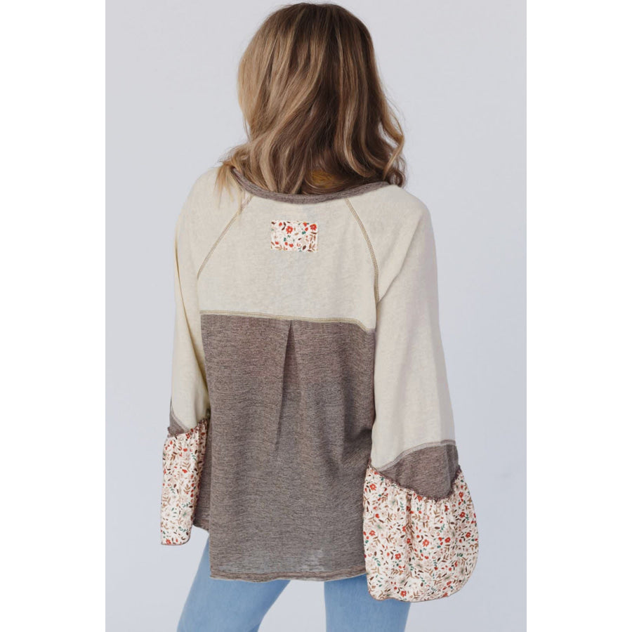 Goat Colorblock Floral Patchwork Flared Sleeve Buttons Henley Top Tops/Blouses & Shirts
