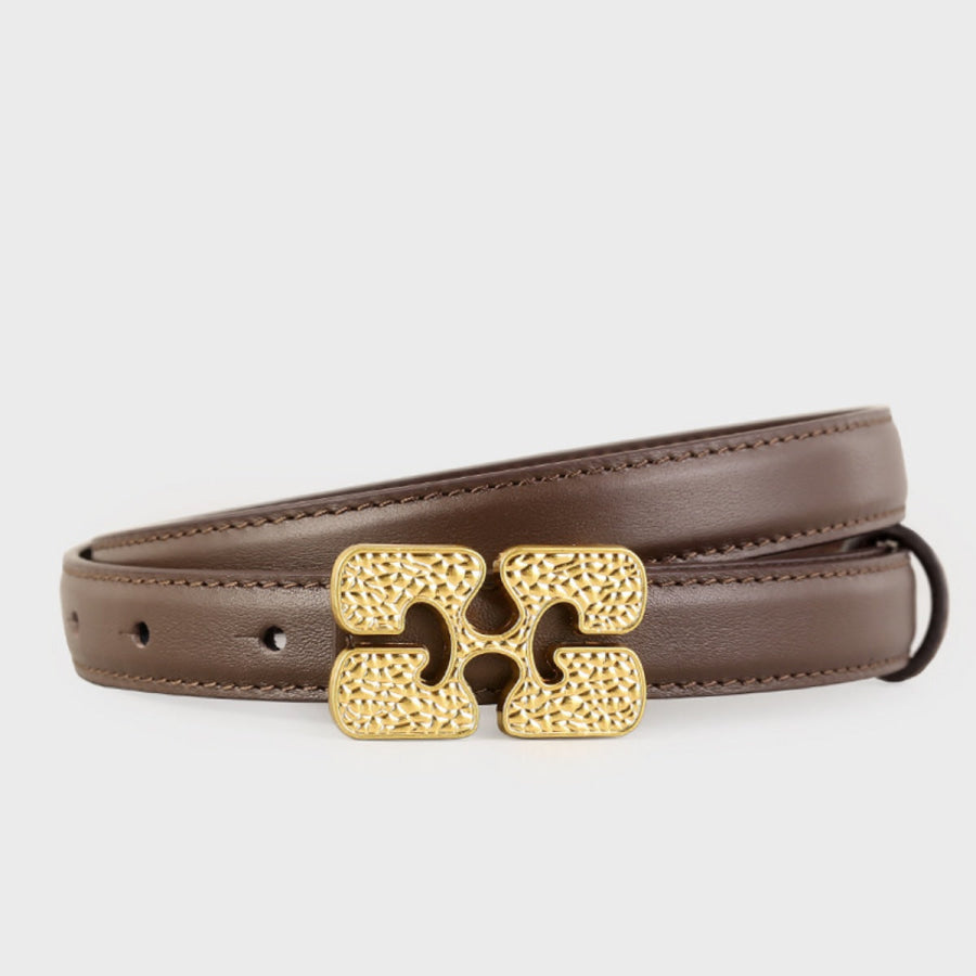 Gold Buckle Leather Belt Coffee Brown / One Size Apparel and Accessories