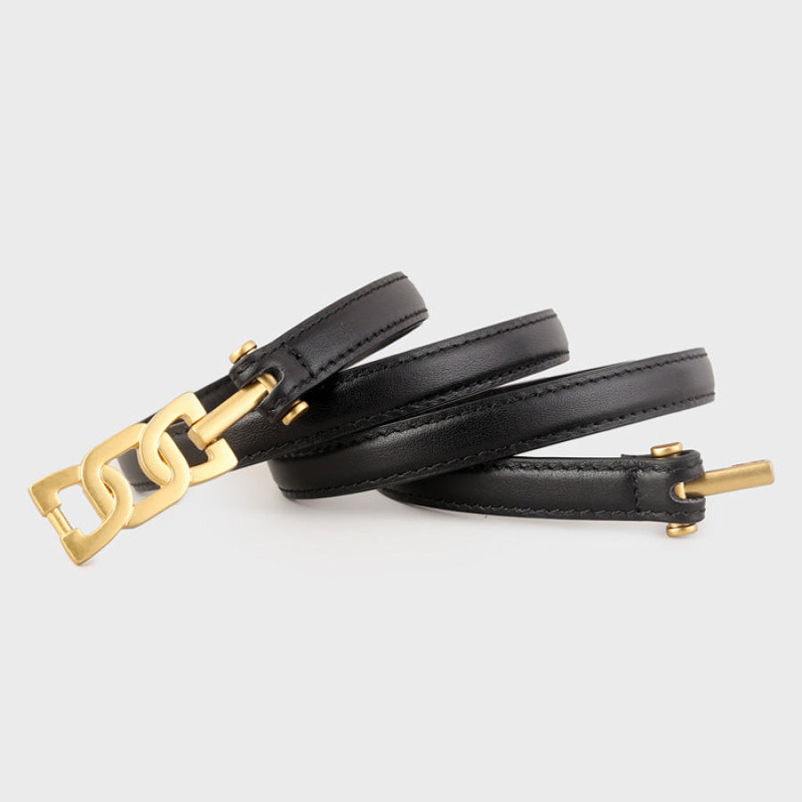 Gold Buckle Skinny Leather Belt Black / One Size Apparel and Accessories