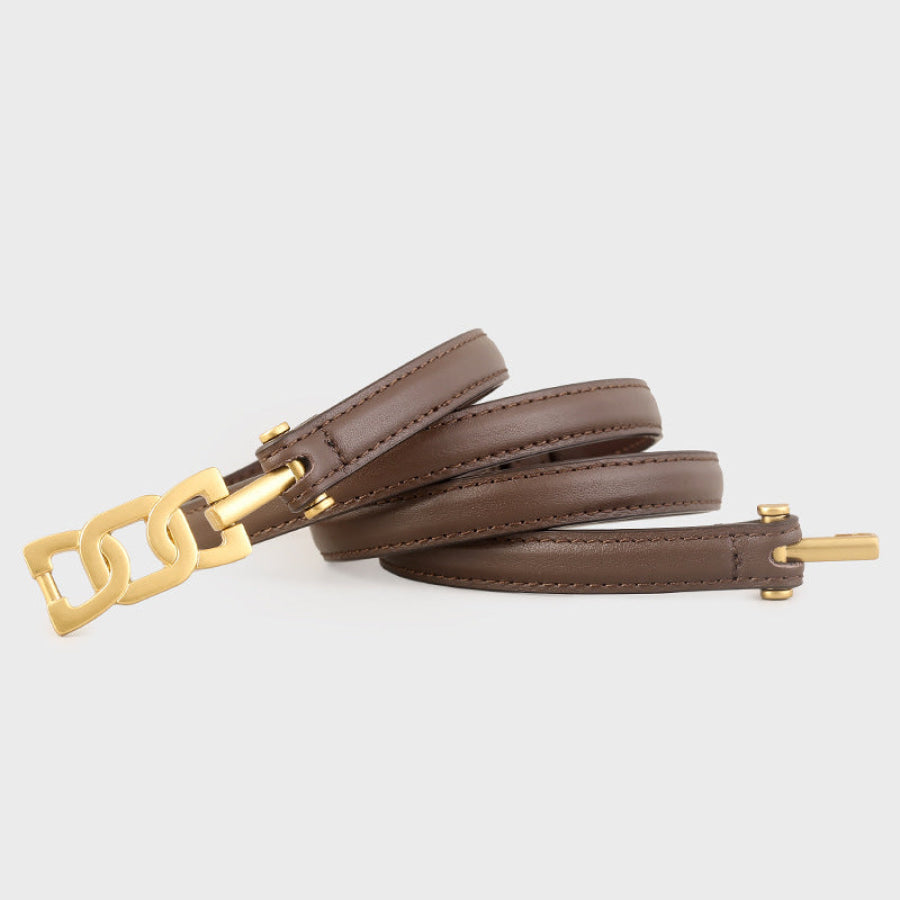 Gold Buckle Skinny Leather Belt Brown / One Size Apparel and Accessories
