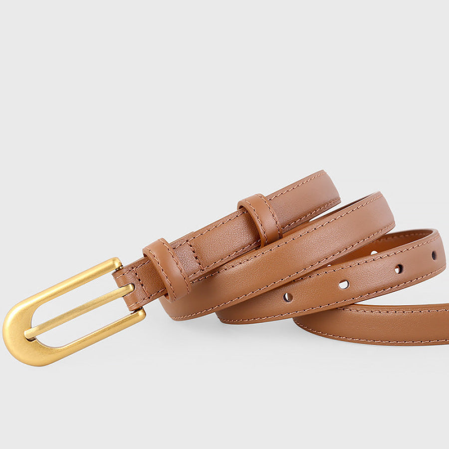 Gold Buckle Skinny Leather Belt Brown / One Size Apparel and Accessories