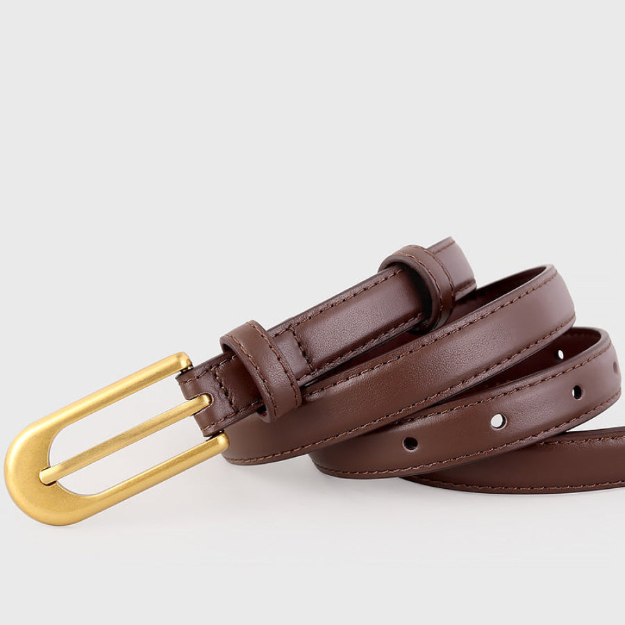 Gold Buckle Skinny Leather Belt Coffee Brown / One Size Apparel and Accessories