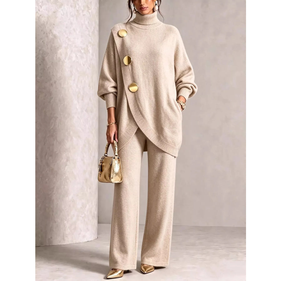 Gold Button Accent Turtleneck Sweater and Pants Set Apricot Color / S