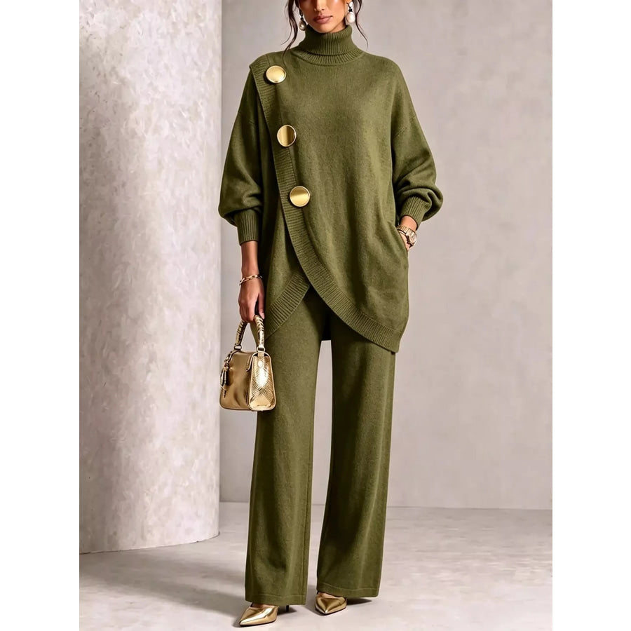 Gold Button Accent Turtleneck Sweater and Pants Set Army Green / S