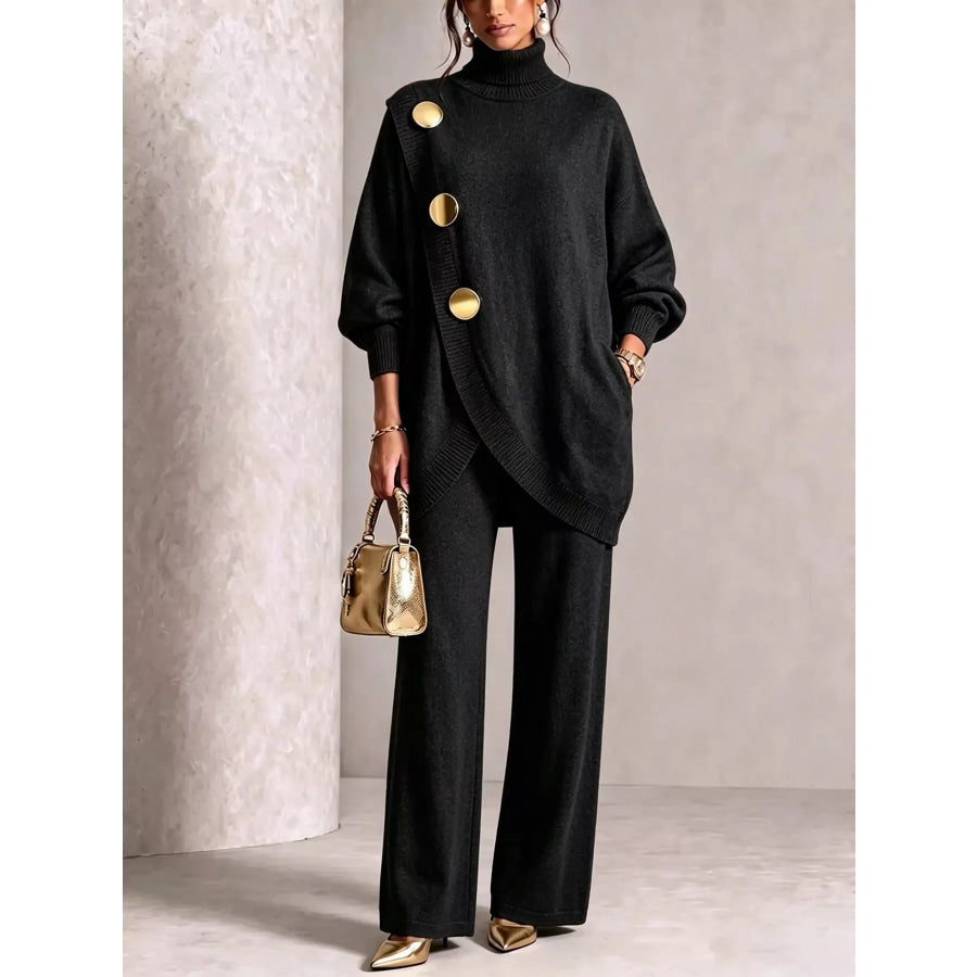 Gold Button Accent Turtleneck Sweater and Pants Set Black / S